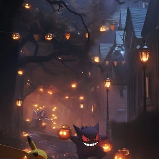 an image of a halloween scene with pumpkins Pokemon Halloween Iphone Pokémon Halloween, Pokemon Halloween Background, Spooky Pokemon Night Scene, dark slate gray