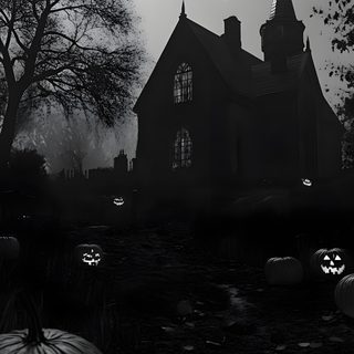 black and white photograph of halloween pumpkins in front of a house with bats flying around Black And While Halloween Gothic Halloween Aesthetic, Black Halloween Aesthetic, Halloween Black,