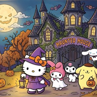 hello kitty and her friends in front of a halloween house with pumpkins on the ground Hello Kitty Halloween Ipad Halloween Backgrounds, Halloween, Backgrounds, Hello Kitty, Kitty, dim gray