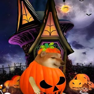 a dog sitting in front of a house decorated for halloween Shiba Inu Halloween Halloween Dog Hd, Cheems Meme, Cheems Doge, dark slate gray