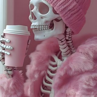 a skeleton holding a cup of coffee in its right hand and wearing a pink hat Pink Halloween Skeleton Pink Skull, Pink, gray