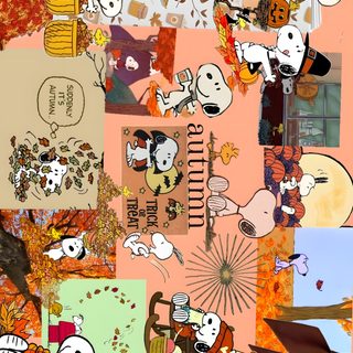 a collage of pictures with pumpkins and other things on it's surface Snoopy Halloween Laptop Summerween Desktop, Halloween Ipad, Aesthetic Fall Desktop, dark salmon