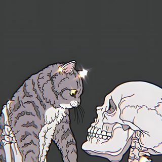 a cat sitting on top of a human skull next to a skeleton holding it's head Kitty Skeleton Halloween Cats Scary Cat Background, Cat Skull, Black Cat And Skull, dark slate gray