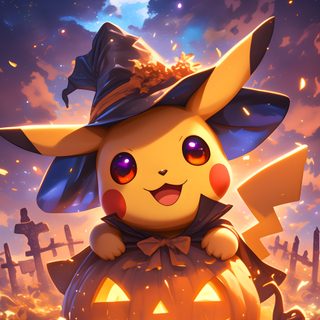 a pokemon pikachu sitting on top of a pumpkin in front of a full moon Pikachu Halloween Cute Halloween Pikachu, Pikachu Halloween Pictures, Halloween Pikachu Image, saddle brown