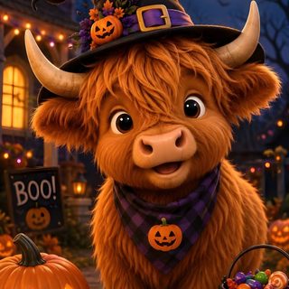 a cartoon cow wearing a witches hat next to pumpkins and jack - o'- lanterns Cute Halloween Highland Cow maroon