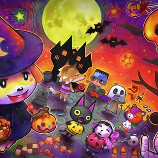 an image of a cartoon halloween scene with cats and pumpkins on the ground, including a witch's hat Animal Crossing Halloween Scary Painting Animal Crossing, Animal Crossing Fall, Animal Crossing Halloween Painting Design, saddle brown
