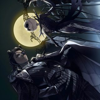 an image of a woman holding a bird in front of a full moon Twisted Wonderland Halloween Oogie Boogie Twisted Wonderland, Boogie Man Jack, Leona Kingscholar Halloween, black
