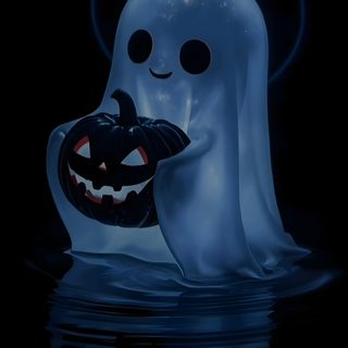 a ghost with a pumpkin in its mouth floating in the water at night, wearing a hat Halloween Live Android Halloween Live, Halloween Backgrounds, Halloween Cute, Beautiful Dark Art, black