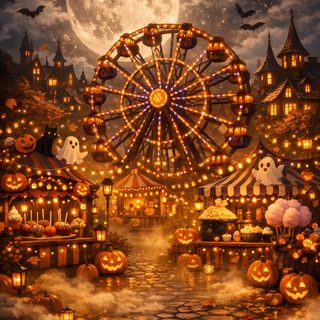 a painting of a carnival at night with pumpkins and jack - o'- lanterns Halloween Carnival saddle brown