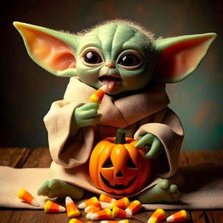 a baby yoda with candy in it's mouth sitting next to a pumpkin Baby Yoda Halloween Grogu Pumpkin, Yoda Pumpkin, Baby Yoda Thanksgiving, Baby Yoda Pumpkin, dark olive green