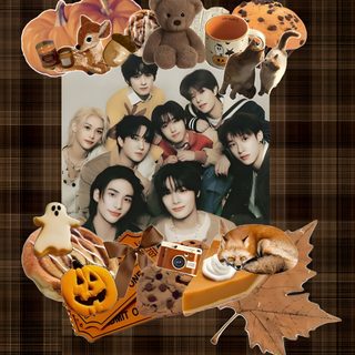 a collage of people and pumpkins on a plaid background Skz Halloween Aesthetic, Profile Picture, Autumn Aesthetic, dark slate gray