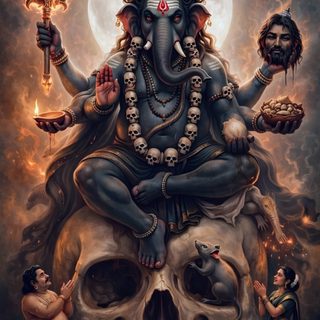 an image of the hindu god sitting on top of a skull Ganesh Halloween Aghori Ganesh, Aghori Ganpati, Ganpati Bappa, Ganesha Drawing, dark slate gray