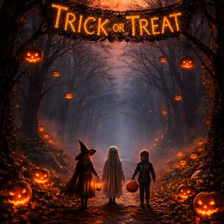 the poster for trick or treat features two children dressed as witches and jack - o'- lanterns Halloween Trick Or Treat Trick Or Treating, Happy Halloween Gif, Haunted Carnival, Pumpkin, black