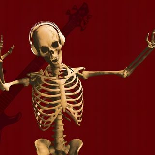 a skeleton with headphones on holding up his arms and guitar in front of him Halloween Skeleton Desktop maroon