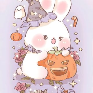 a cartoon bunny holding a pumpkin and wearing a witches hat with other characters around it Cute Bunny Halloween Bad Bunny Halloween, Halloween Bunny, Cute Kawaii Halloween, lavender