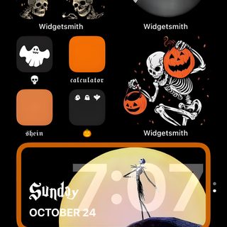 an iphone screen with halloween stickers on it Halloween Ios16 Aesthetic Halloween Phone Theme, Halloween Iphone Theme Ideas, Halloween Ios16, black