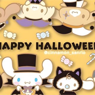 a group of cartoon characters with the words happy halloween Cinnamoroll Halloween Laptop Halloween Cinnamon Roll Sanrio, Spooky Sanrio Characters, Sanrio Halloween Stickers, burlywood