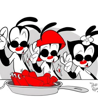 three cartoon characters are cooking hot dogs in a frying pan with their hands up Halloween Animaniacs Wakko Warner, Animaniacs Logo Deviantart, Hermanos Warner Bros Animaniacs Tattoo Ideas, white