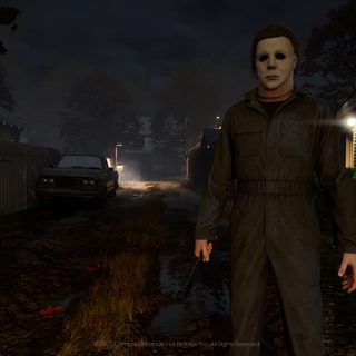 a man in a creepy mask and trench coat walking down a dark street at night Halloween The Game black