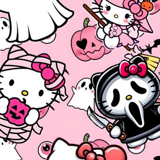 the hello kitty wallpaper is pink and has lots of different characters on it's surface Pink Hello Kitty Halloween Spooky Hello Kitty, Pink Hello Kitty, Halloween Backgrounds,