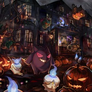 an animated halloween scene with pumpkins and cats Pokemon Halloween Computer Pumpkaboo, Pokemon Halloween Desktop, Pokemon Halloween Scene, black