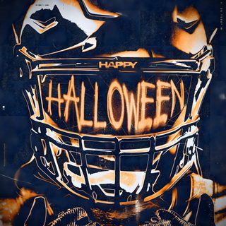 a football helmet with the words happy halloween painted on it in orange and black colors Halloween Football Football Graphic Ideas, Halloween Football Banner Ideas, Football Season Posters, dark slate gray