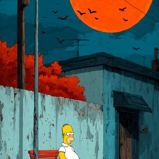 the simpsons sitting on a bench in front of a building under an orange sky with birds flying over it Simpsons Halloween 4k The Simpsons Horror, Mobile Android, Trippy Iphone, Sunflower Crafts, dark slate gray