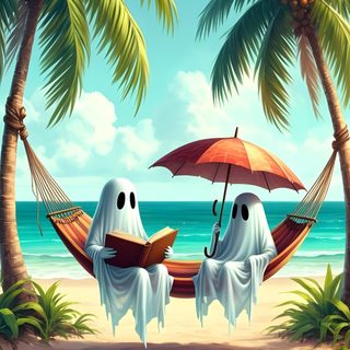 two ghostes sitting in hammocks on the beach under palm trees with an umbrella Halloween Tropical Ghost On Vacation, Spooky Summer, Summerween Iphone, Summerween, dark sea green