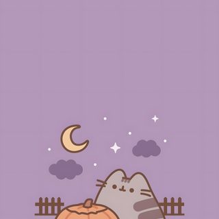 a cat sitting next to a jack - o'- lantern on a purple background Cute Cute Purple Halloween Pusheen Background Fall, Pusheen Fall, Pushers Halloween, dark gray