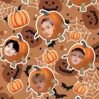 an orange background with many pictures of people in pumpkins and spiderweavers Halloween Skz Kpop Demon Hunters Pumpkin Pattern, Saja Boys Halloween, Bts Thanksgiving, Halloween Skzoo, peru