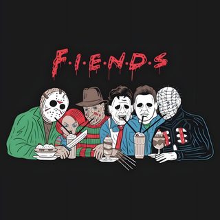 three people wearing masks and holding drinks with the words friends written on them in red Halloween Horror Friends Halloween Horror Characters, Friends Horror, Horror Characters Iphone, black