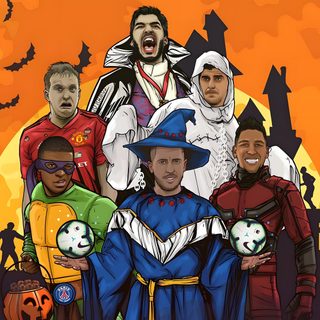 a group of people dressed in halloween costumes and holding soccer balls with bats on the background Football Halloween Psg Soccer-themed Cartoon Art, Manchester United Soccer Ball For Kids, Manchester City Cartoon, sienna