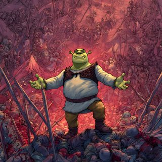 a cartoon character standing in the middle of a pile of rocks and grass with his arms outstretched Halloween Shrek King On Throne, Locked, Cartoon Memes, Cartoon Movies, Shrek, dim gray