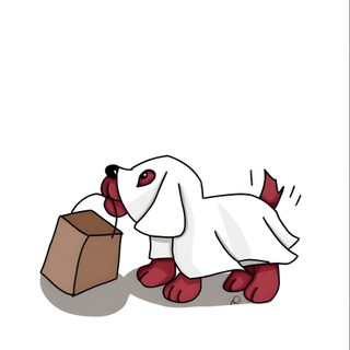 a white dog is laying on its back with a box in it's mouth Clifford Halloween Clifford The Big Red Dog Little Clifford, Speckle Clifford, Dog Ghost, white