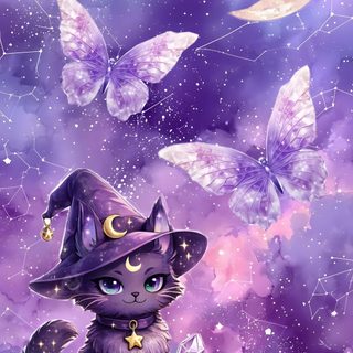 a cat wearing a witches hat sitting on top of a table next to some cards Halloween Purple Cats Custom Cats Purple, Cute Magic Cat, Magical Decor, Magic Cat, Witch Cat,