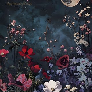 a painting of flowers in front of a full moon Moonlight Flowers Halloween Floral Witchy Vibes, Cottagecore Iphone, Dark Floral Moon, dark slate gray