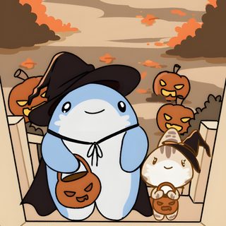 a cartoon character is sitting in front of a welcome mat with pumpkins and jack - o'- lanterns Baby Shark Halloween Halloween Shark, Corgi Halloween, Halloween Pokemon, Cute Ghost And Pumpkin, dark salmon