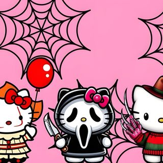 two hello kitty dolls standing next to each other in front of a spider web background Hello Kitty Halloween For Ipad Hello Kitty Halloween For Ipad, Cute Spooky Desktop, Cute Halloween For Ipad, light pink