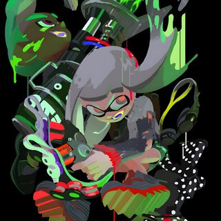 an image of a cartoon character surrounded by various objects and text that reads, splatty halloween Splatoon Halloween Splatoon 2 Official Art, Splatoon Official Art, Splatoween Official Art, black