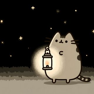 a cat with a lantern in its hand is looking up at the stars on the sky Desktop Pusheen Halloween Ipad Night, Macbook Ideas, Pusheen Banner Gif, Cute Pc, Pusheen Ipad, black