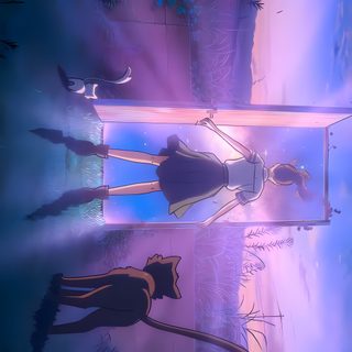 an animated scene with two people standing next to each other Suzu Halloween dark slate blue