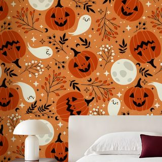 an orange halloween themed wallpaper with pumpkins and jack - o'- lanterns Halloween For Bedroom peru