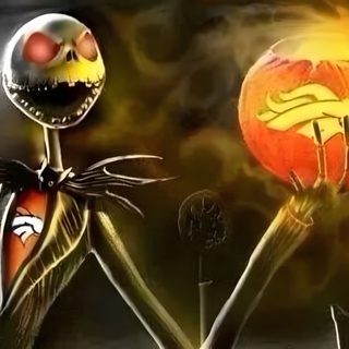 an image of a cartoon character holding a glowing pumpkin in his hand and looking at the viewer Denver Broncos Halloween Broncos Christmas, Bronco Skeleton, Broncos Grinch, dark olive green