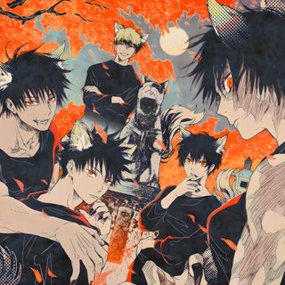 some anime characters are sitting together in front of an orange and black background with trees Jujustu Kaisen Halloween 1920x1080 Jjk Desktop, Jujutsu Kaisen Ipad, Sukuna Megumi Manga Cover, sienna