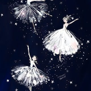 three ballerinas in white tutus and stars on a black background with blue sky Halloween Ballerina Ballerina Illustration, Ballet Illustration, Christmas Flatlay, Ballerina Art, black