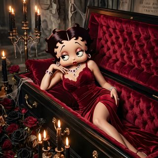 a woman in a red dress laying on top of a couch with candles around her Betty Boop Halloween black