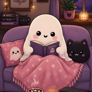a cat reading a book while sitting on a couch in front of a window at night Halloween Reading dim gray