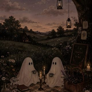 two white ghost sitting in the middle of a field next to a tree with candles Halloween Duo black