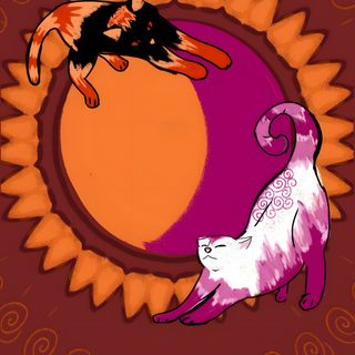 two cats sitting on top of each other in front of a sun with stars and swirls Lesbian Halloween Wlw Iphone, Lesbian Cats, Lesbian Home Screen, Cute Lgbtq, saddle brown