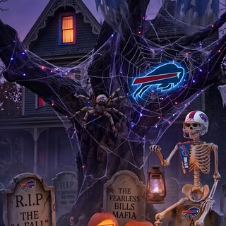 a halloween scene with skeletons and pumpkins in front of a house decorated for sports teams Buffalo Bills Halloween Halloween, dark slate gray